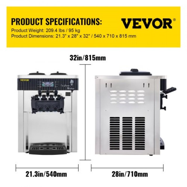 VEVOR Επιτραπέζια Μηχανή Μαλακού Παγωτού 2200W Παραγωγής 5,3 έως 7,4 Γαλόνια Αρτοποιεία BJLJYKF-8218TPDT1V2