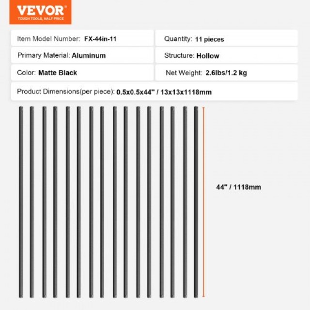 Σετ 11 Μεταλλικών Κάγκελων Σκάλας VEVOR 44x0.5 Αλουμινίου με Βίδες ...