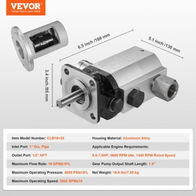 Σετ Αντλίας Υδραυλικού Ξυλοκόπου VEVOR, 16 GPM, 4000 PSI  CLB16+25KZFTJ0001V0