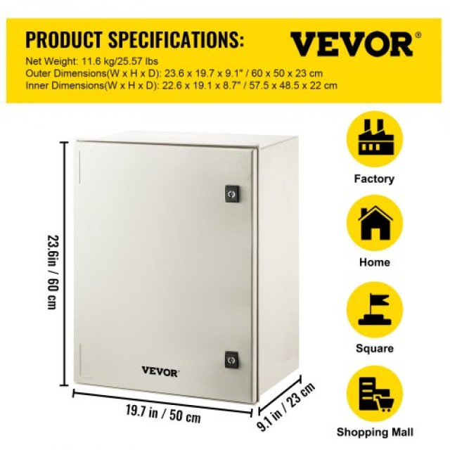VEVOR NEMA Χαλύβδινο Κουτί 24x20x9 NEMA 4X Fiberglass, IP66 Αδιάβροχο & Στεγανό, Ηλεκτρικό Κουτί Εξωτερικού/Εσωτερικού Χώρου με Πλάκα Στήριξης (60x50x23 cm)  DQXFSBLG60X50X231V0