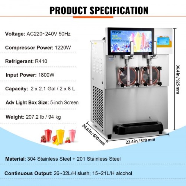 VEVOR 8L / 2.1 Gal Διπλή Μηχανή Σλάσι Επαγγελματική Μαργαρίτα Σμούθι Παγωμένο Ποτό  FBXXRJYSGOC8L869BV2