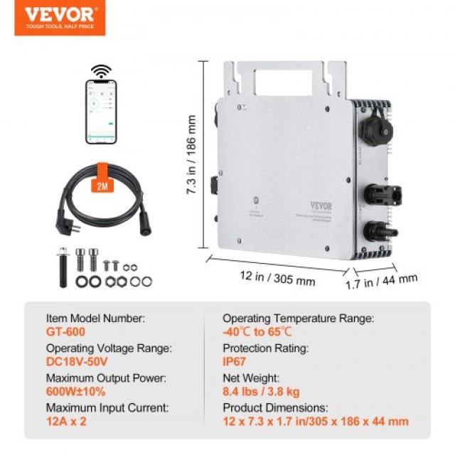 VEVOR Ηλιακός Μικρομετατροπέας 600W IP67 με Απομακρυσμένη Παρακολούθηση  IP67WXBWNBQIXFKWLV2