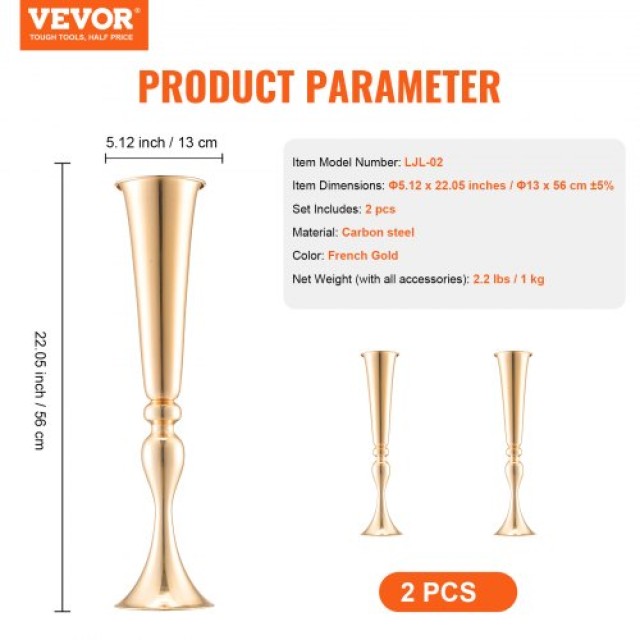 VEVOR  2 τεμ. 56cm Χρυσό Μεταλλικό Βάζο για Τραπέζια HLHPLBK55CM2HJ...