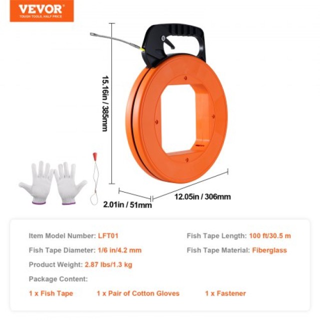 VEVOR Ταινία Ψαρέματος Καλωδίων 100ft 1/6in Fiberglass με Πλαστική ...
