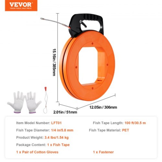 VEVOR Ταινία Ψαρέματος Καλωδίων 100 ft 1/4 in PET με Πλαστική Θήκη DJPYDSL14INCG6KCZV0