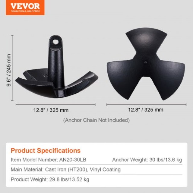 Άγκυρα Ποταμού VEVOR 30 LBS, Μαύρη Επικάλυψη, Για Σκάφη έως 30 ft  ...