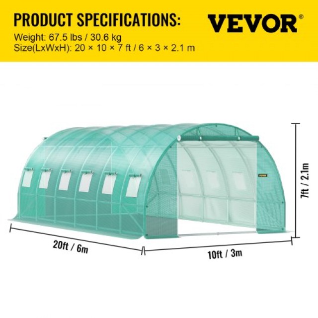 VEVOR  Φυτώριο Σήραγγας 20x10x7 ft, Γαλβανισμένος Χάλυβας, 2 Πόρτες, 12 Παράθυρα, Πράσινο  YDSDWS20107FTIA39V0