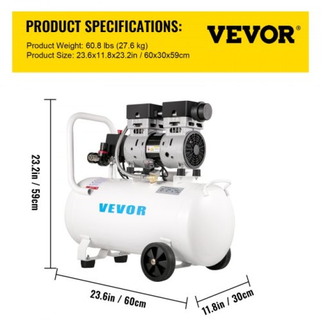 Συμπιεστής Αέρος VEVOR 11L, 1HP, Αθόρυβος, Χωρίς Λάδι, 8 bar  WSKYJ...