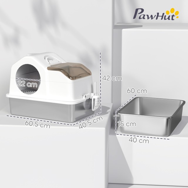 PawHut Κλειστή Λεκάνη Γάτας 60.5x40.5x42 εκ, Λευκή/Ασημί D31-132V00WT