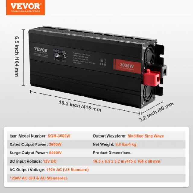 VEVOR Τροποποιημένο Ημιτονοειδές Inverter 3000W DC12V σε AC230V με ...