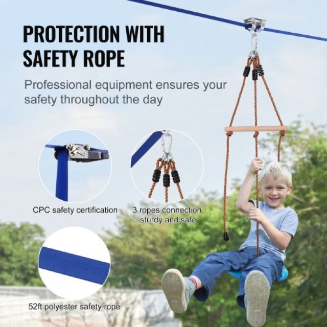 Σετ Zipline VEVOR για Παιδιά και Ενήλικες, 52 ft, έως 500 lb, με Ζώνη Ασφαλείας, Κάθισμα και Χειρολαβή  SSHSTJ52YCNLKBC04V0