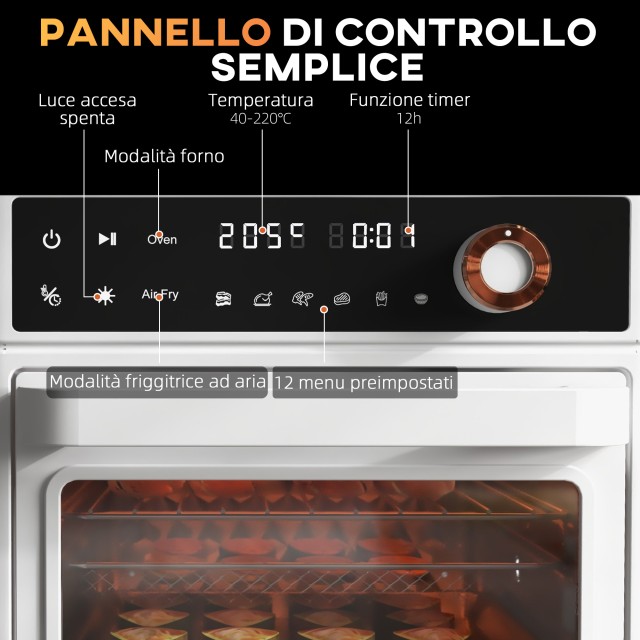 HOMCOM Ηλεκτρικός Φούρνος 1500W 13L με Λειτουργία Φριτέζας Αέρος 12 Προγράμματα και Ρυθμιζόμενη Θερμοκρασία Λευκό 800-171V90WT
