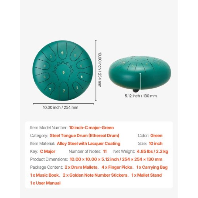 VEVOR Χάλκινο Τύμπανο 25.4cm, 11 Νότες, C Μείζονα, Πράσινο GSGLSGSG...