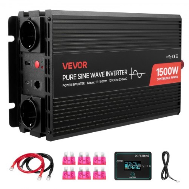 VEVOR 1500W Μετατροπέας Ισχύος Pure Sine Wave, 12V DC σε 230V AC με...