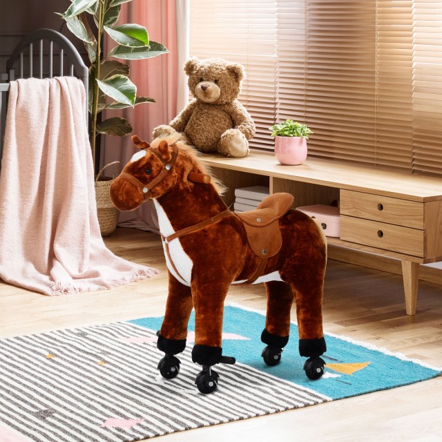 HomCom Ride-on Horse Λούτρινο παιχνίδι με ήχους και ρόδες για παιδιά, καφέ 330-016BN