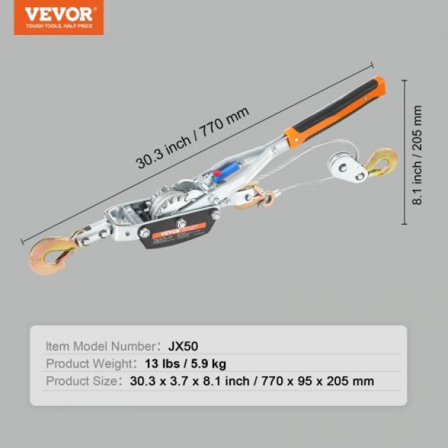 VEVOR Χειροκίνητο Βίντσι 5 Τόνων, 11.5 ft Ατσάλινο Καλώδιο, 3 Γάντζοι, Ισχυρό Εργαλείο Έλξης με Διπλά Γρανάζια, Ιδανικό για Διάσωση Οχημάτων  GSSJXQ5T13YC77Z63V0