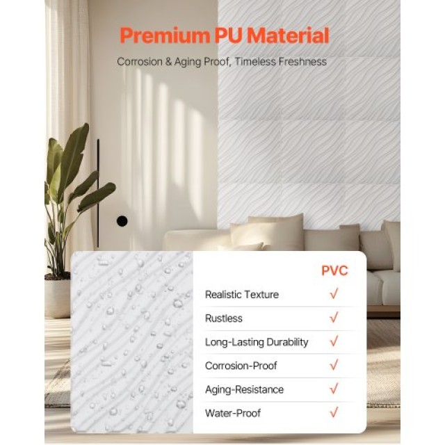 VEVOR Πάνελ Τοίχου 3D 12-Τεμαχίων 50x50cm PVC 32τ.π. Κυματιστό Ματ Λευκό PVC3DQBXDYSJMJDM0V0