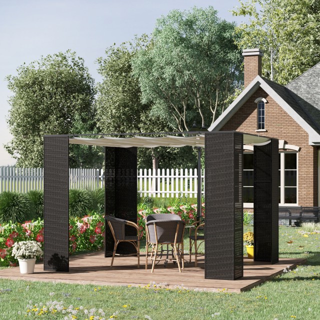 Outsunny Gazebo Garden Pergola με Συρόμενη Τέντα, Μεταλλική και Ρατάν Κατασκευή PE 2,98x2,98x2m, Μαύρο 84C-288BK