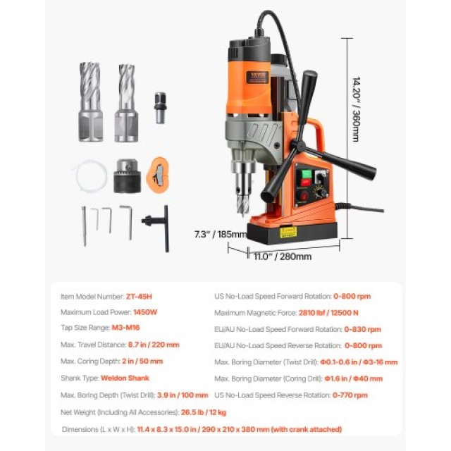 VEVOR Μαγνητικό Δράπανο 1450W Φορητό ZT-45H με Διάμετρο Διάτρησης 1...