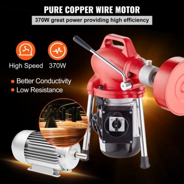 VEVOR Μηχανή Καθαρισμού Αποχέτευσης 36.5μ x 16mm 370W Ελικοειδής Φίδι Χειροκίνητη Τροφοδοσία  XXFDGDSTJ370AYKE2V2