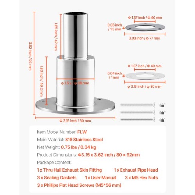 VEVOR Διαμπερές Εξάρτημα Καυσαερίων, 24mm για Θερμαντήρες Diesel, Α...
