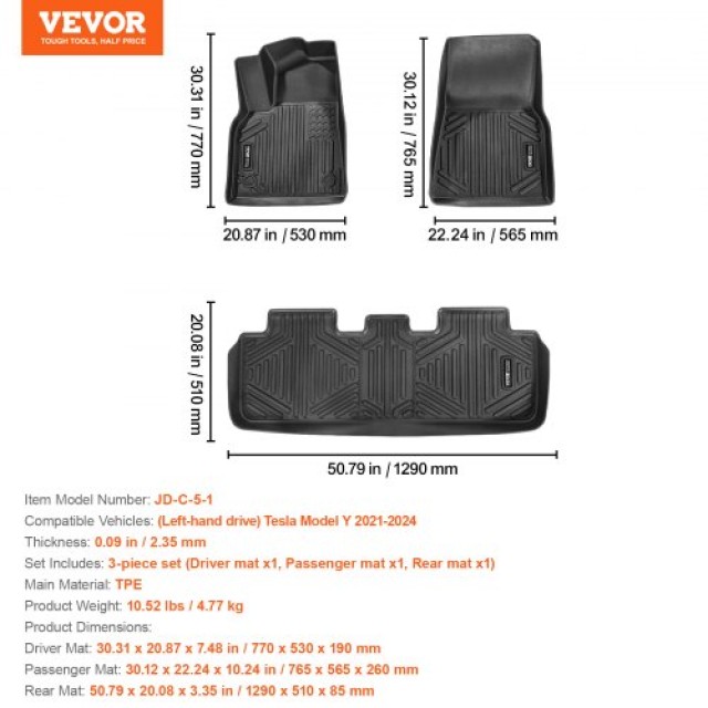 VEVOR  Σετ Πατάκια Αυτοκινήτου για Tesla Model Y 2021-2024, 3 τεμ TPE Liners SUVDBDTSLMODYIWUMV0