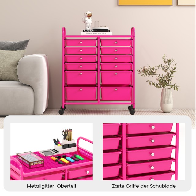 Costway Ροζ Τροχήλατος Μεταλλικός Συρταριέρας με 12 Στοιβαζόμενα Συ...