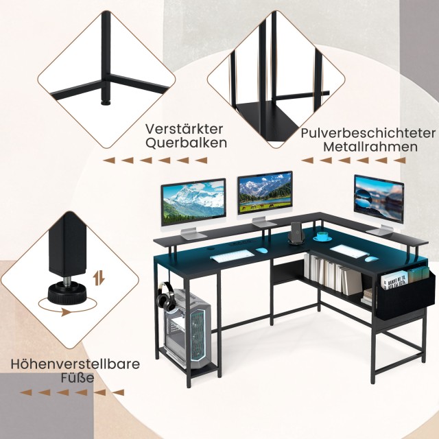 Costway Γραφείο Gaming Σχήματος L με LED Φωτισμό & Πρίζες Υπολογιστ...