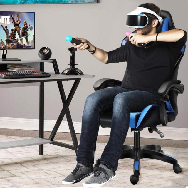 BAKAJI  Μαύρη και Μπλε Καρέκλα Gaming με Μαξιλάρι Στήριξης Κεφαλής και Οσφυϊκής Περιοχής Καρέκλα Γραφείου  02841595