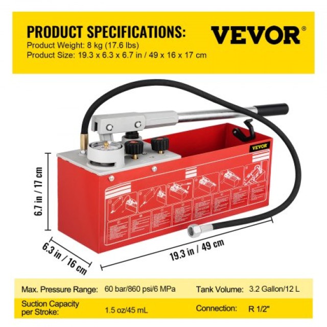 VEVOR Αντλία Υδροστατικής Πίεσης, Έως 60 bar/860 psi, Δοχείο 3.2 Γαλόνια, Υδραυλικός Χειροκίνητος Ελεγκτής Πίεσης Νερού με Μετρητή Τριών Μονάδων & Σύνδεση R 1/2 για Δοκιμή Πίεσης Αγωγών  SYBBDDWC60BARKSPIV0