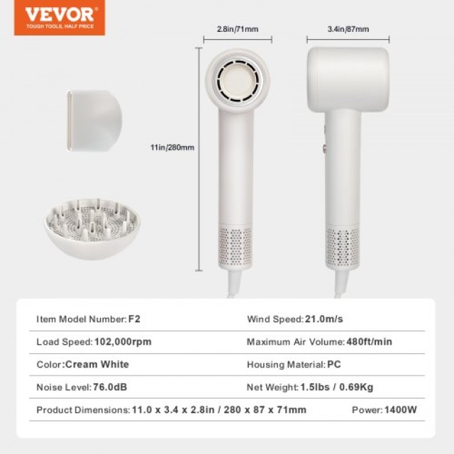 VEVOR Γρήγορο Πιστολάκι 105000RPM 200 Εκατ. Αρνητικά Ιόντα 3 Θερμοκρ. & 2 Ταχύτ.  GSCFJSLSB1602VFTAV2