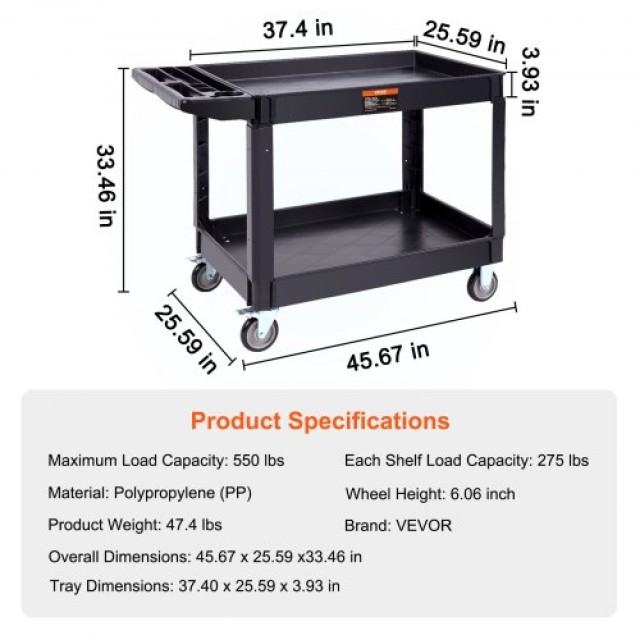 VEVOR Καρότσι Υπηρεσίας, 2 Ράφια 550LBS Βαρέως Τύπου με Ρόδες 360°  DXSLSYTCDXCD2ZRGNV0