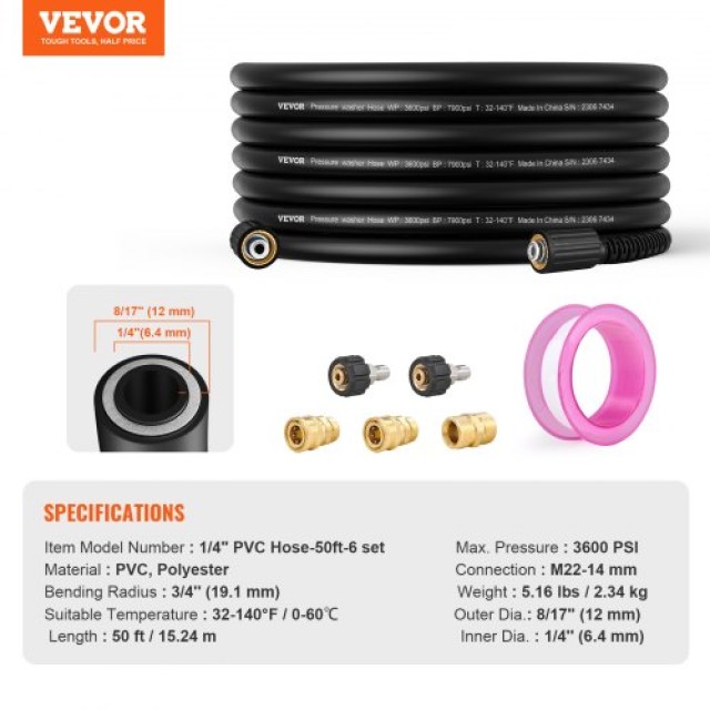 VEVOR Σωλήνας Πλυστικού 15m, Αντικατάσταση M22-14mm για Πλυστικά 3600 PSI  GYQXRG50FT14NU19OV0