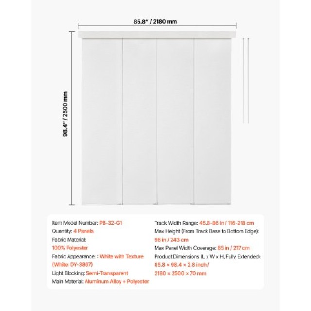VEVOR Επεκτάσιμο Κουρτινόξυλο Panel 116-218 cm Λευκό (Κόβεται) MBGD...