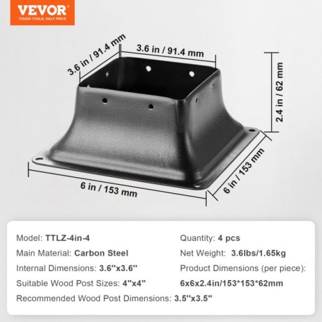 Βάση Στύλου VEVOR 101.6x101.6mm, Σετ 4τμχ, Εσωτερική 91x91mm, Βαρέως Τύπου για Ξύλινο Στύλο  TTLZDZTG44YCEY3ENV0