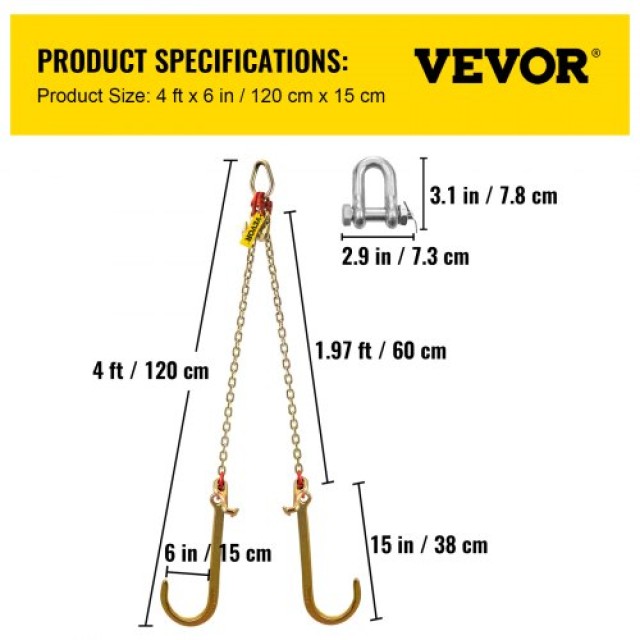 Αλυσίδα Ρυμούλκησης VEVOR V Bridle, 5/16 in x 2 ft, Αντοχή 9260 Lbs, με Γάντζους TJ και Καβούρι  SZGLRJG5162FT0001V0