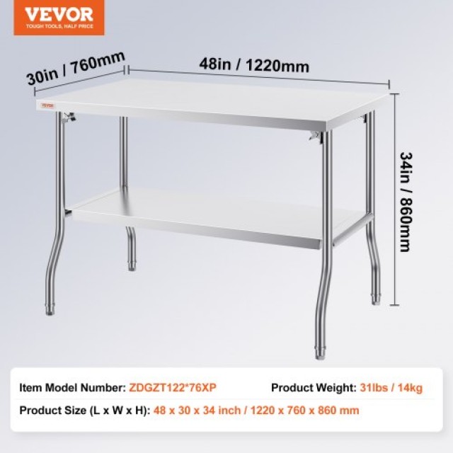 Πτυσσόμενο Επαγγελματικό Τραπέζι VEVOR 48x30, Ανοξείδωτο με Διπλό Ράφι  CFGZT30X48YC00001V0