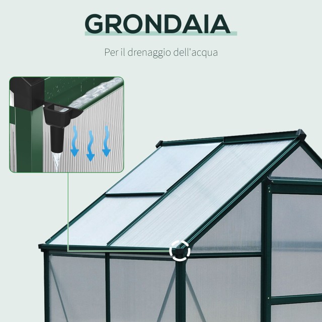 Outsunny Polycarbonate Garden Garden Anti UV 190x132x201cm, Φυτικό Θερμοκήπιο με σκελετό αλουμινίου, παράθυρο και συρόμενη πόρτα 845-057