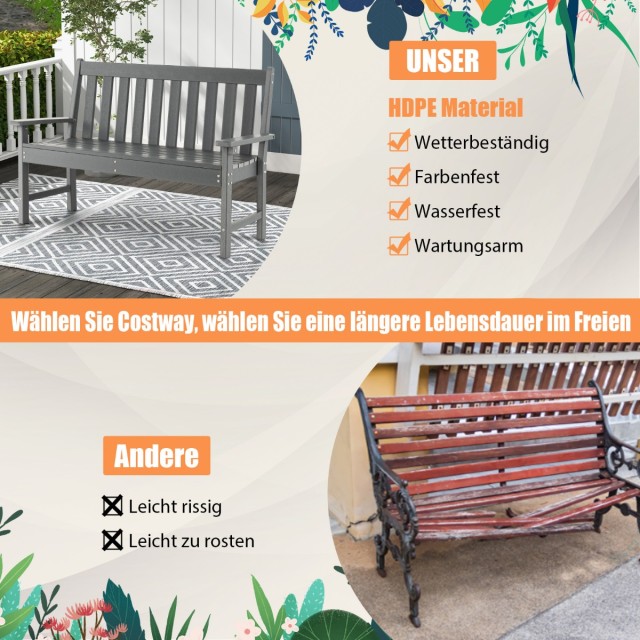 Costway  Γκρι Πάγκος Κήπου από HDPE για 2-3 άτομα 132 x 65 x 91 εκ....