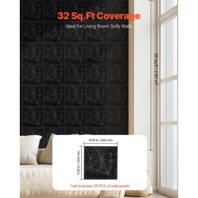 VEVOR Πάνελ Τοίχου 3D 33-Τεμ 11.81x11.81 PVC 32 Τ.Π. Κάλυψη Μαύρο Δ...