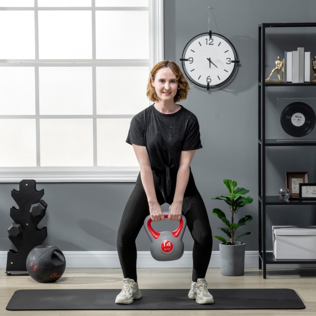 SPORTNOW Kettlebell 14kg σε PU και Sand με επίπεδη βάση και λαβή για Deadlifts, Squats και Lifts, 26x18x32 cm, Κόκκινο A91-255V06RD