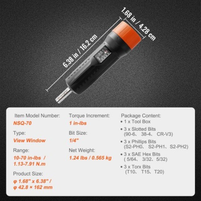 VEVOR Κατσαβίδι Ροπής 1/4 Εύρος 10-70 in/lb με Παράθυρο Προβολής Αύ...