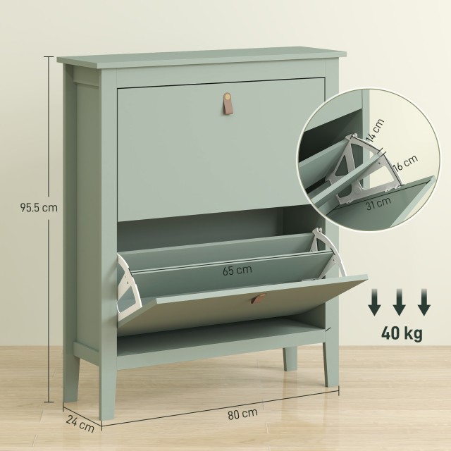 HOMCOM Σκαπιέρα Slim 2 Συρτάρια για 14 Ζευγάρια Παπουτσιών Μέγεθος EU44 και Ρυθμιζόμενα Ράφια, 80x24x95.5cm, Πράσινο 837-578V00GN
