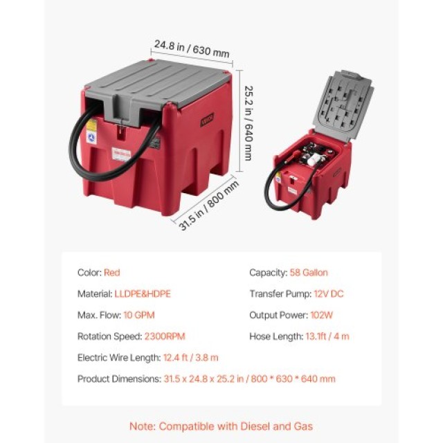 VEVOR  Δοχείο Καυσίμου 58 Gal με Αντλία 12V και Σύστημα Φιλτραρίσμα...