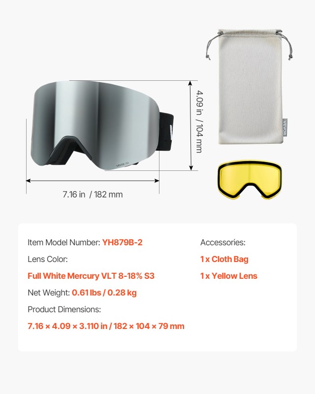 VEVOR Αντιθαμβωτικά Γυαλιά Σκι Χωρίς Πλαίσιο, Κυλινδρικός Φακός με ...