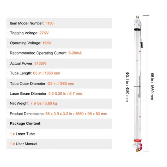 VEVOR  Λέιζερ CO2 130W, 1650mm, Γυάλινος Σωλήνας Κοπής CO2JGG130W00KXS3BV9