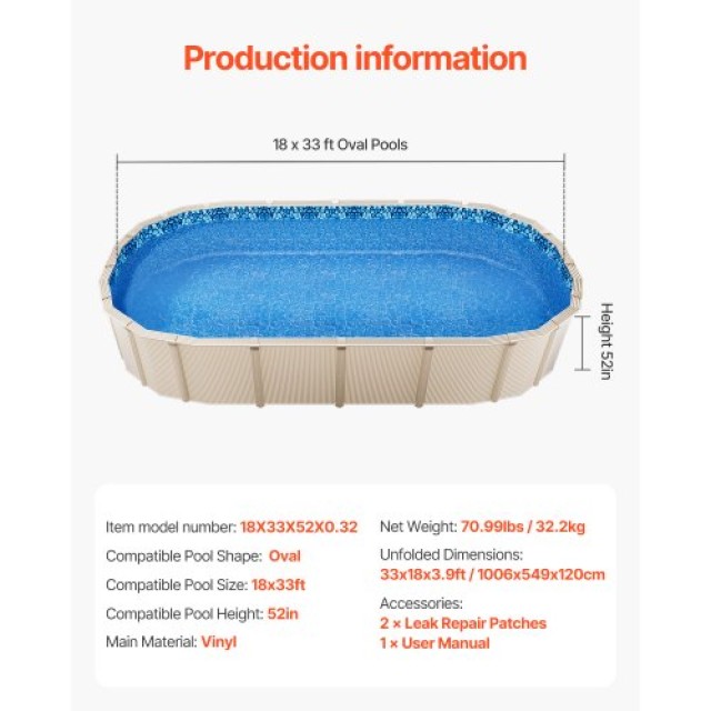 VEVOR Ελλειπτική Επένδυση Πισίνας 18x33ft Unibead για Ύψος Τοίχου 52in YCNCOVAL1833VY8CCV0
