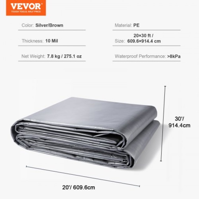 Αδιάβροχο Κάλυμμα VEVOR 20x30 ft, Πολυαιθυλένιο 10 Mil, Ανθεκτικό σε Σκισίματα & UV (Ασημί/Καφέ)  FSBWYNZPEPE207MCQV0