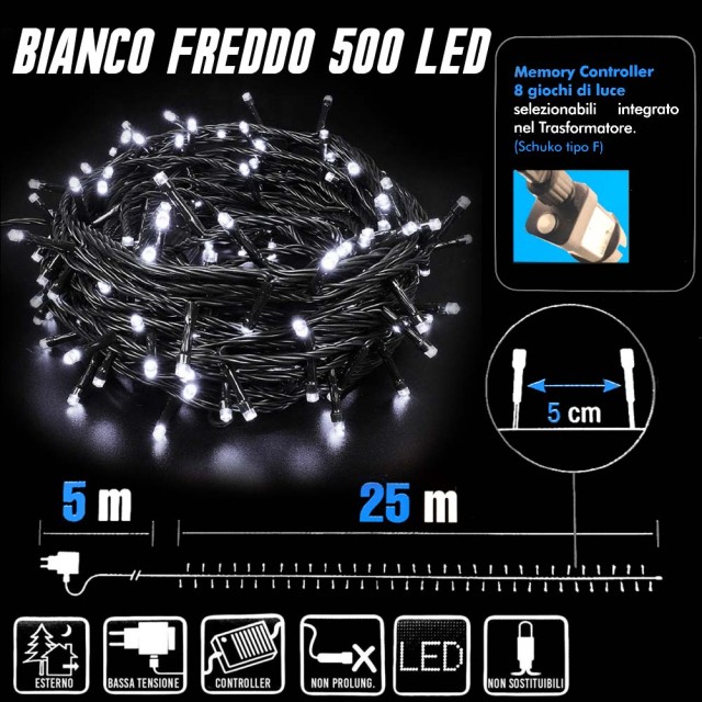 BAKAJI  Αλυσίδα Φωτεινή 500 Φώτα LED Πυγολαμπίδες Ψυχρό Λευκό Ελεγκ...