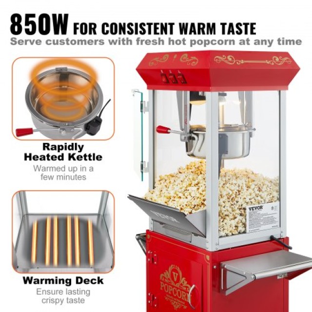 VEVOR  Μηχανή Ποπκόρν με Καρότσι 850W 8 Oz 48 Κούπες Κόκκινη CSBMHJ...